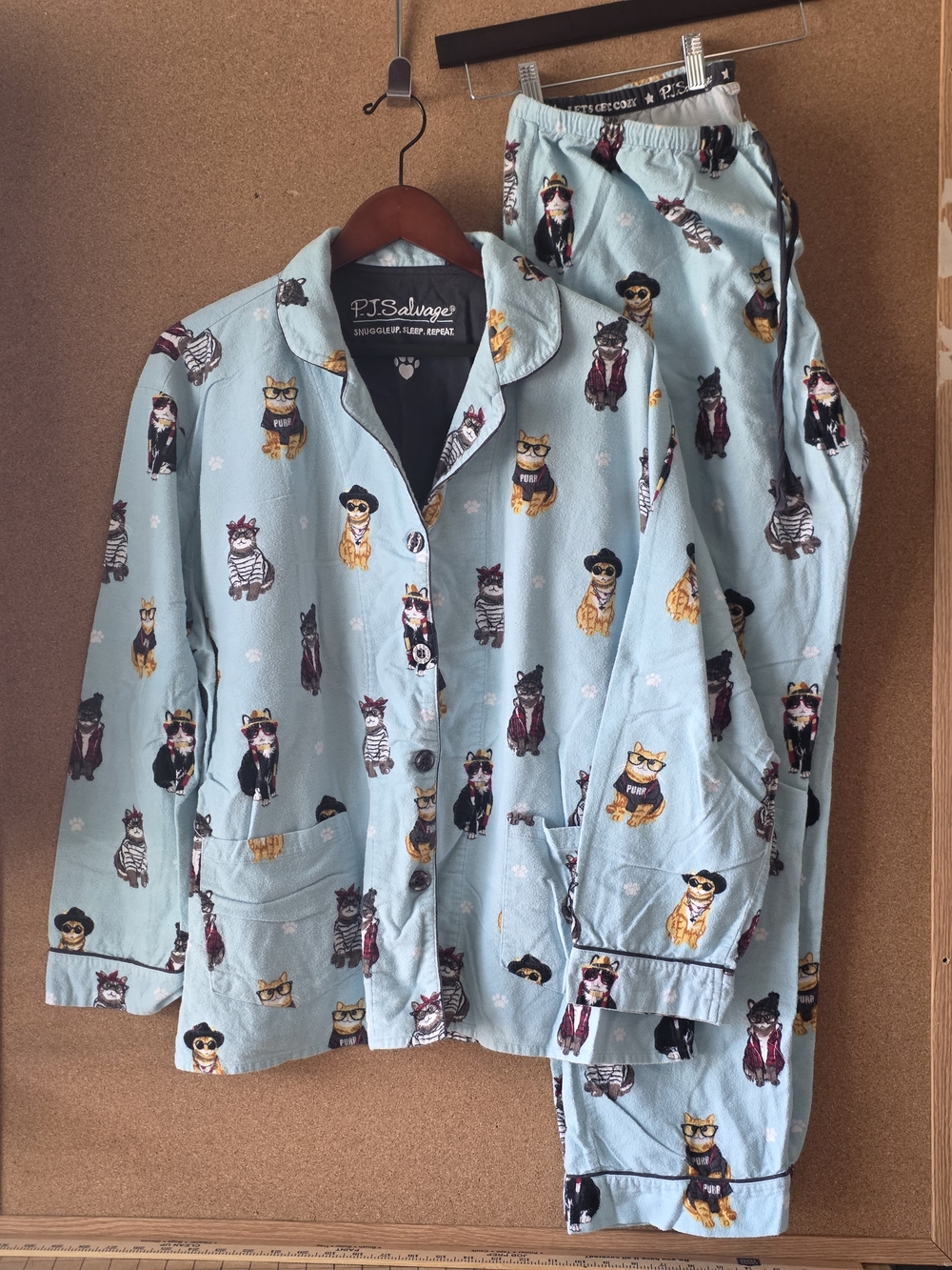P.J. Salvage Cool Cats Flannel Pajamas 2-Piece Set Aqua Blue XL